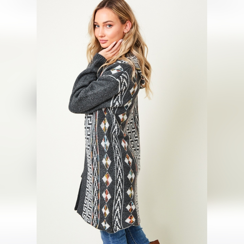 New! Cozy Charcoal Gray Aztec Boho Knit Cardigan Sweater - Picture 3 of 10